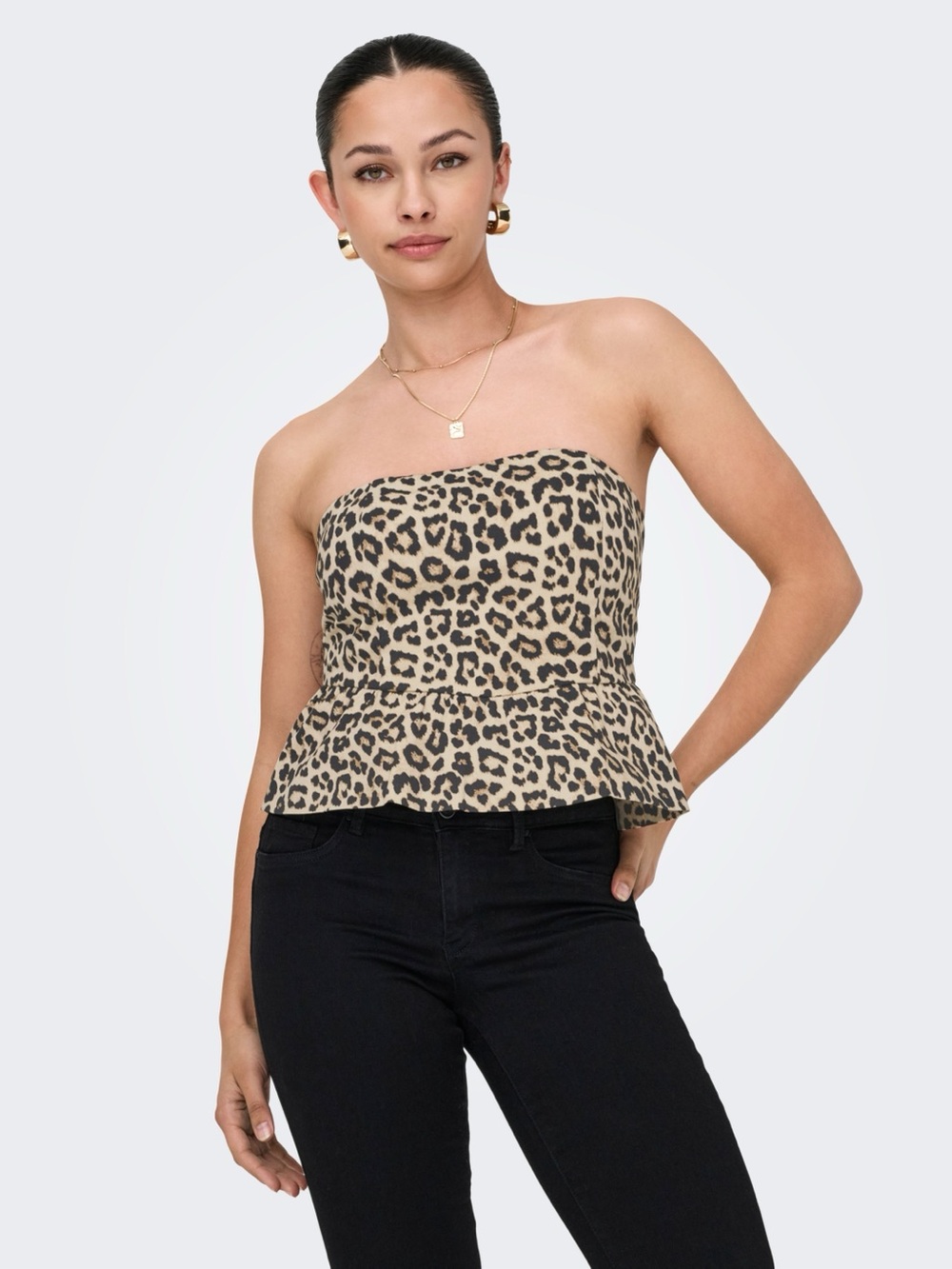 28. Only • NWOT Strapless Leopard Peplum Top - Beige/Black